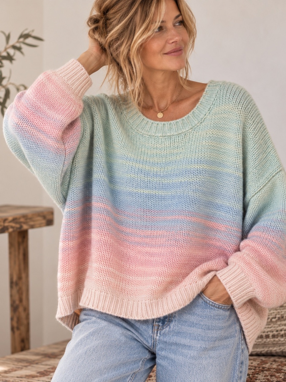 Pastel Ombré Oversized Knit Sweater Mint Blue Blush